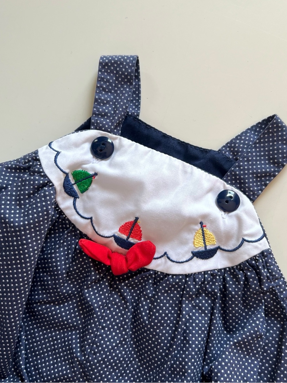 Vintage Navy French Dot Nautical Boat Bubble Romper | 0-6m - Picture 2 of 5